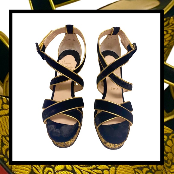 CHRISTIAN LOUBOUTIN Paris Black Velvet Gold Brocade Wedge Platform Shoe SZ 39 - Picture 4 of 10